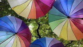 This image shows four umbrellas in the colors of the gay LGBT flag, seen from below, which are open next to each other and look like they are flying skyward all together, as if they are in love. A beautiful illustration of Polyamory among gays.